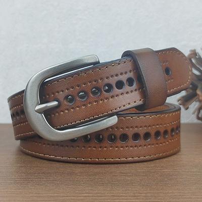 Hollow Belt Women'S Leather Pin Buckle Casual First Layer Cowhide Belt Women'S Fashion Non-Punching Jeans Belt