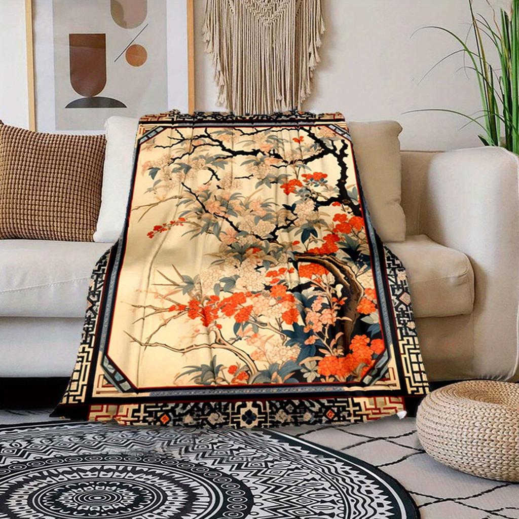 1pc Japanese Flowers Print Blanket,Soft Warm Throw Blanket Nap Blanket For Couch Sofa Office Bed Camping Travel