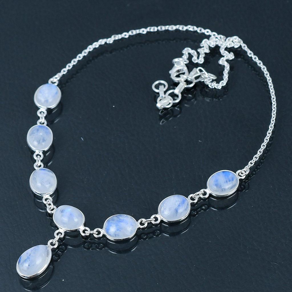 Natural Rainbow Moonstone Gemstone Necklace, 925 Sterling Silver, Handmade Necklace Jewelry Gift for Valentine's Day18"