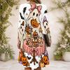 Women Criss Cross V Neck Long Sleeve Halloween Raccoon Witch Pumpkin Print Curved Hem Dress