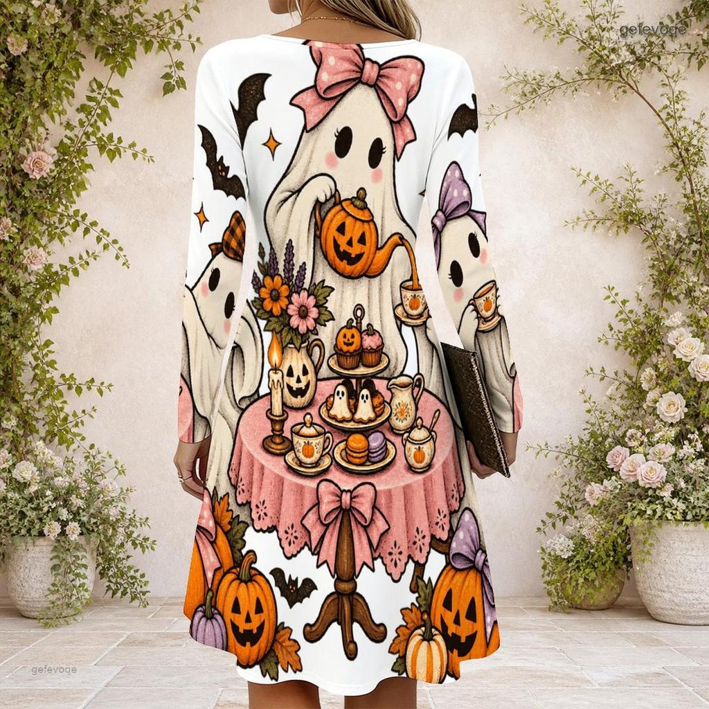 Women Criss Cross V Neck Long Sleeve Halloween Raccoon Witch Pumpkin Print Curved Hem Dress