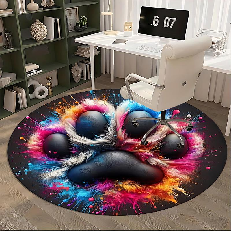 Colorful Paw Print Chair Mat Round Carpet for Home Decor, Office Use, Gift Idea Suitable for Bedroom, Living Room, s0124b
