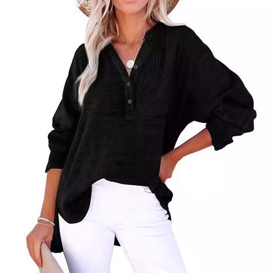 Women Shirt V-Neck Buttons Half Placket Long Sleeve Pullover Tops Solid Color Loose Fit Pleated Tops Casual Tee Daily Wear