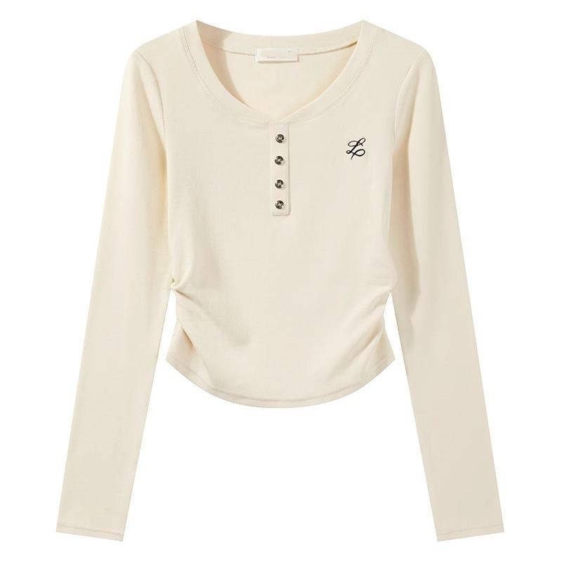 Milk Blue T-shirt Women's Bow Embroidered Bottoming Shirt Early Spring Card Waist Pinch Pleated Long Sleeve Inside Chic Top