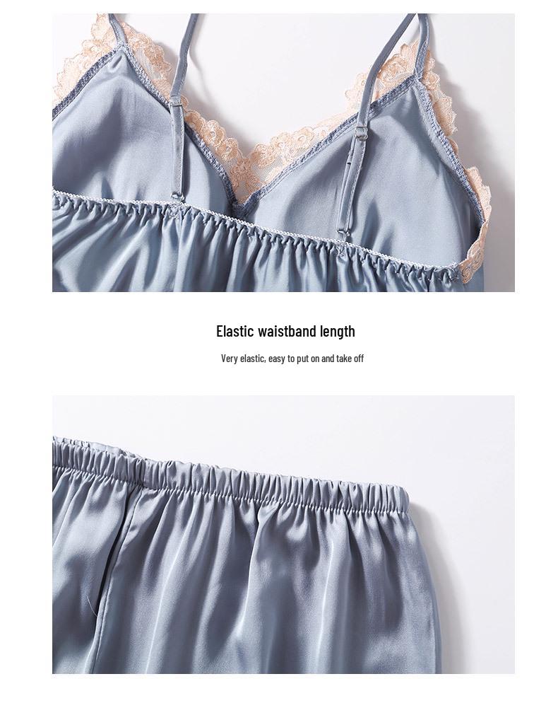 Women's Sexy Spring & Autumn Silk Pajamas 5-Piece Set: Thin Summer Ice Silk Nightdress & Robe with Chest Pad.