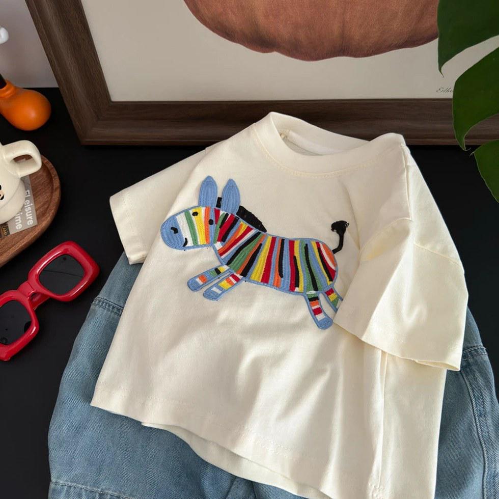 T-shirt Estiva Unisex Stile Coreano Ricamo 3D Cartone Animato - Top in Cotone a Maniche Corte Genitore-Figlio