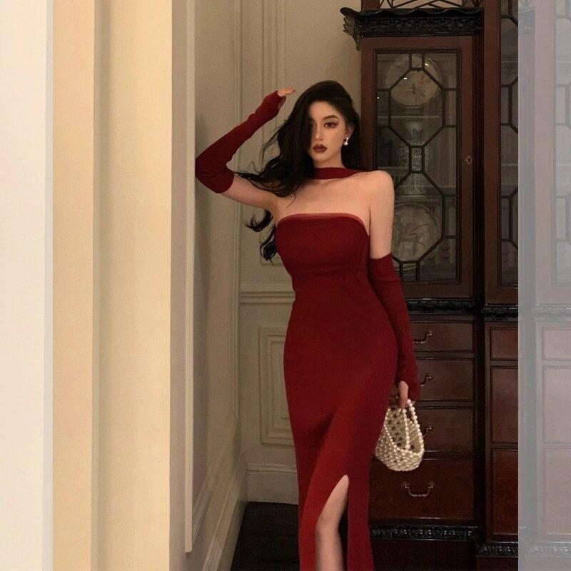 Christmas robe red thin neck tube top dress hip wrap winter women's clothes royal sister atmosphere
