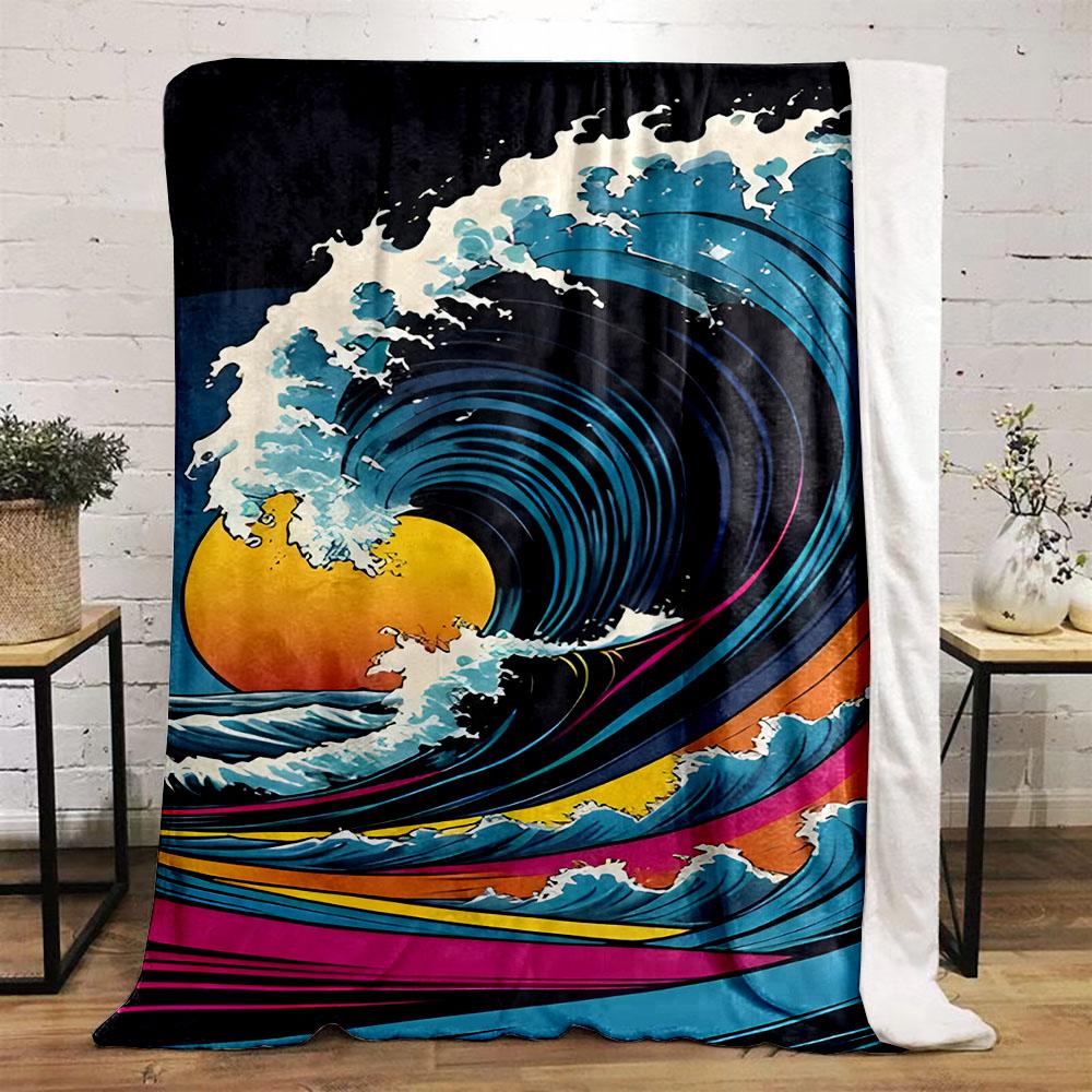 Colorful Wave with Sunset Design Patterned flannel blanket perfect for the bedroom living room, sofa, or a little nap
