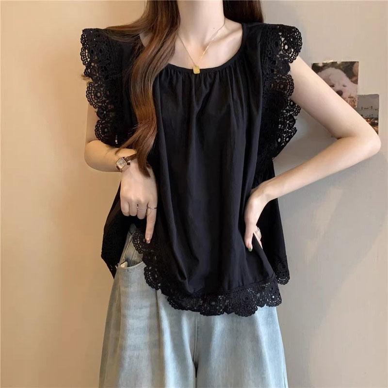 Casual Lace Flying Sleeve Blouse Women's Clothing Sweet Solid Color Summer Basic Sleeveless French Style Spliced Loose Shirts