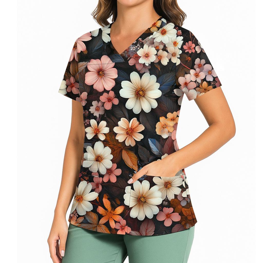 Kvinners avslappet trykket V-hals lomme sideslisse kortarmet topp kortarmet topp