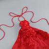 Elegant Red Halter Neck Evening Dress with Embroidered Detail
