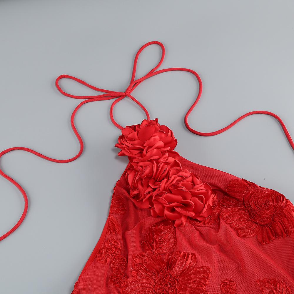 Elegant Red Halter Neck Evening Dress with Embroidered Detail