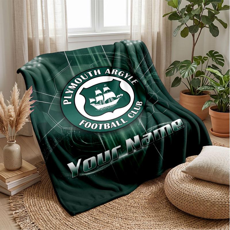 Plymouth Argyle FC Custom Name Text Flannel Blanket Soccer Logo Personalized Fleece Throw Blanket Special Gift For Sofa Bedroom Home