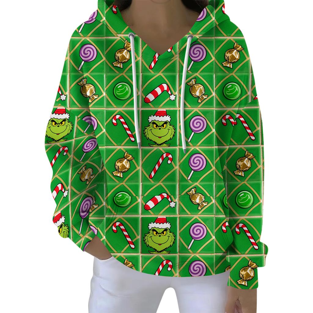 Ladies' Loose And Comfortable Drawstring V-neck Long Sleeved Christmas Printed Sweatshirt