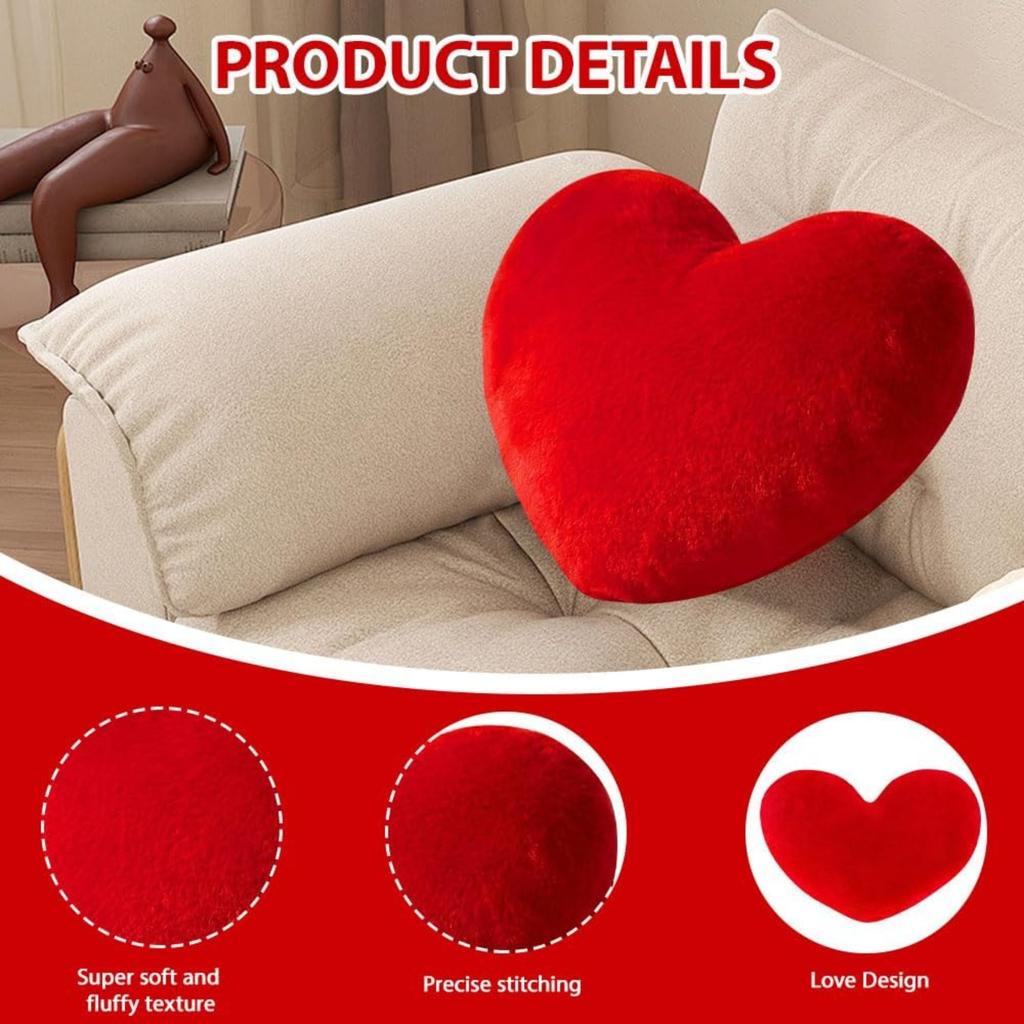 2 Pack Red Heart Pillow, 46x36cm Heart Decorative Pillow, Washable Soft Fluffy Cushion, Cute Fuzzy Throw Pillows for Sofa, Bed, Dining, Valentine's