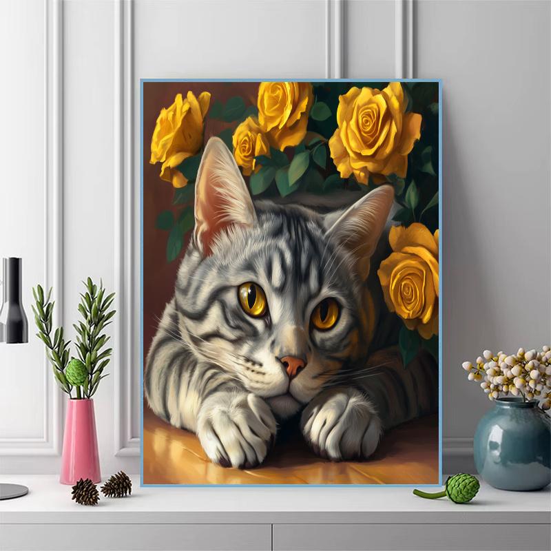 American Shorthair cat and roses Pattern  3pcs 100% Round Full Drill 5D DIY Diamond Painting Embroidery Cross Stitch Rhinestone Décor