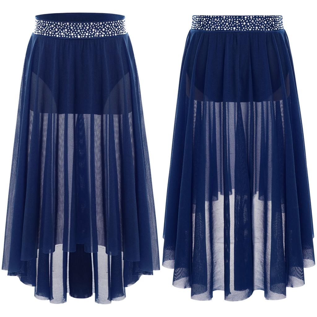 Girls Lyrical Contemporary Modern Dance Skirts Shiny Rhinestones Waistband Side Slit High Low Irregular Mesh Skirt Performance Costume