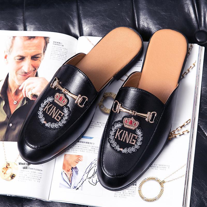 Spring/Summer Men's Patent Leather Mules - Trendy, Breathable, Casual with Fashion Embroidery.