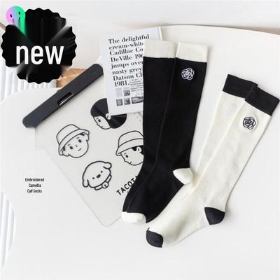 Camellia Style Knee-Length Embroidered Socks - Cute Spring/Autumn Black & White for Women & Students