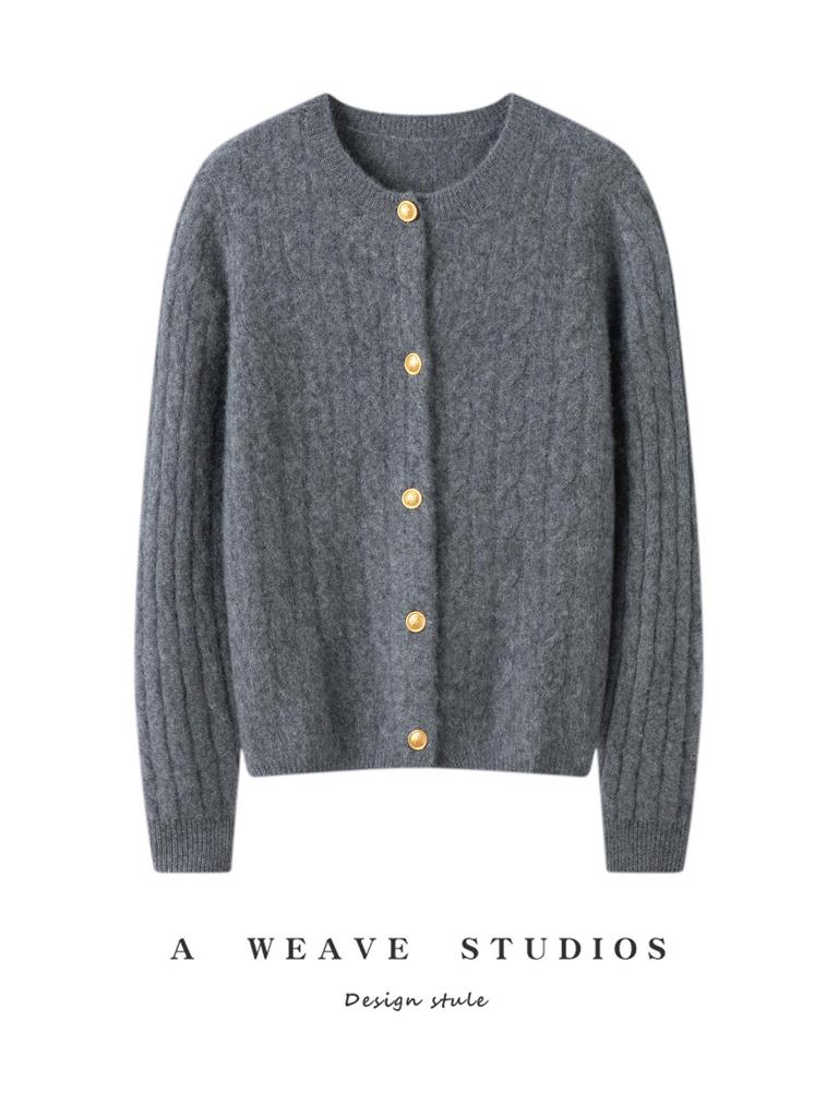 100% Pure Cashmere Women's Round Neck Loose Cable Knit Cardigan - Versatile & Casual for Autumn/Winter