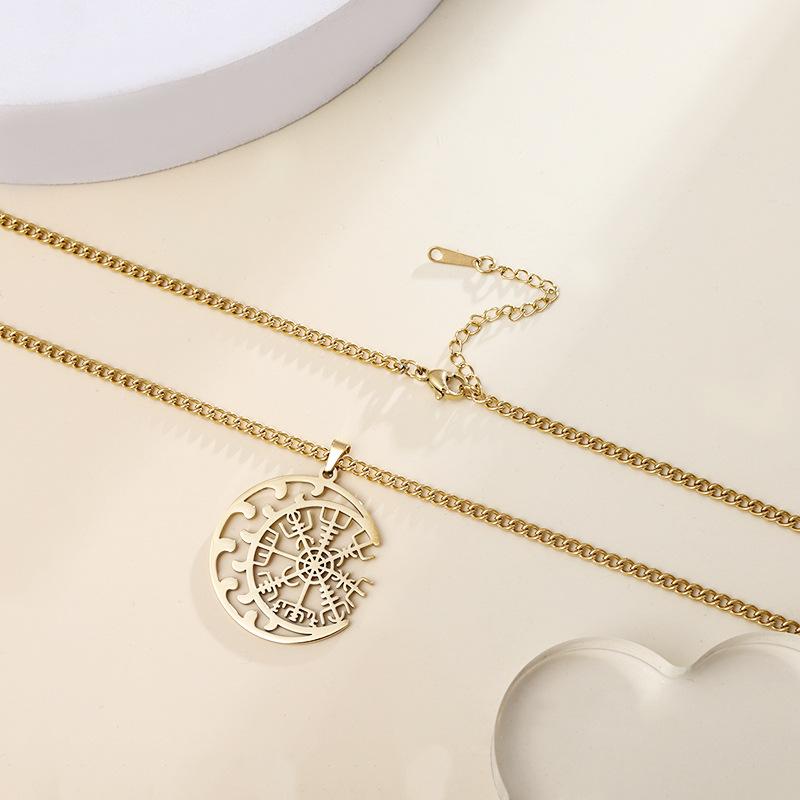 Stainless Steel Silver Moon Compass Hollow Pendant for Men and Women Unique Necklace