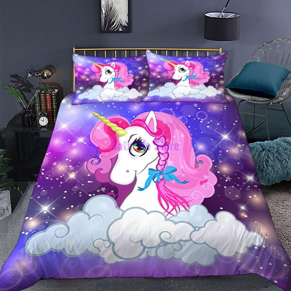 Cartoon Unicorn Lucky Kids Girls Pink Bedding Set Cartoon Duvet Cover Bedcllothes Animal Printed Queen King Size Bed Linens
