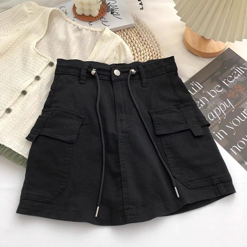 Women's High Waist Cargo Skirt A-Line Skirt Drawstring Pocket Patchwork Solid Color Micro Stretch Casual Mini Skirt