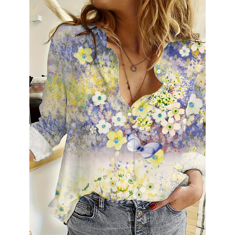 Mother's Day Women's Fashion Floral Print Long Sleeve Turned Collar Shirt