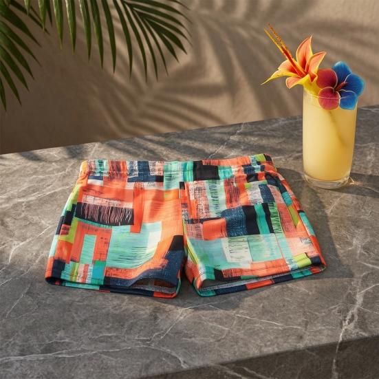 Swimming Trunks Mid-rise Geometric Color Block Design Quick Drying Breathable Swimming Shorts Sun-Resistant Swimwear