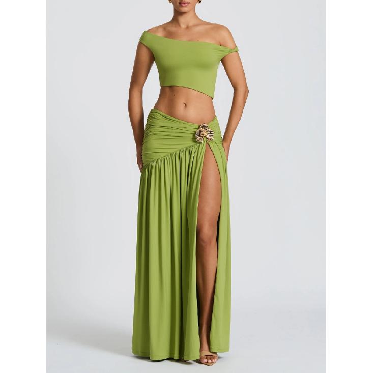 Articat Vest Top Skirt Set For Women Elegant Metal Tight Split Skirt Two-Piece Set Female Party Club Holiday Beachwear