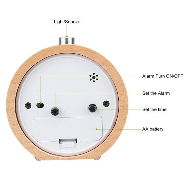 Beech Wood Silent Luminous Quartz Alarm Clock with LED Night Light