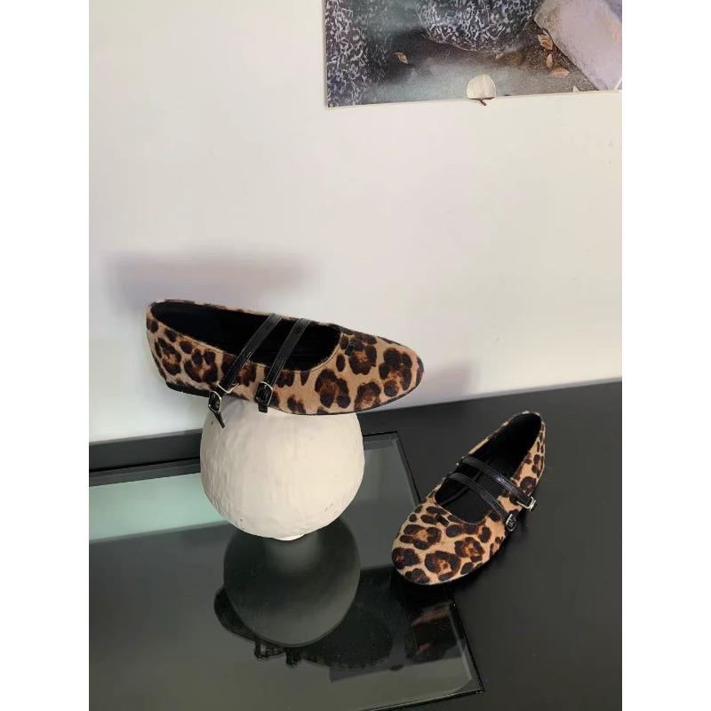 Sheepskin version~ Retro niche leopard print round head shallow mouth flat-bottomed ballet single shoes women's spring Mary Jane shoes