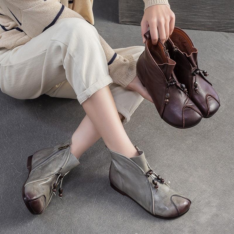 Fashion GKTINOO 2025 Autumn/Winter New Genuine Leather Round Toe Ankle Boots Comfortable Flat Retro Side Zipper Women's Boots