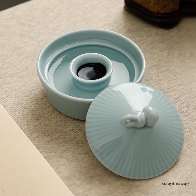 Bamboo Hat Porcelain Inkstone with Lid - Anti-Dry Ink Storage for Calligraphy Supplies and Study Decor