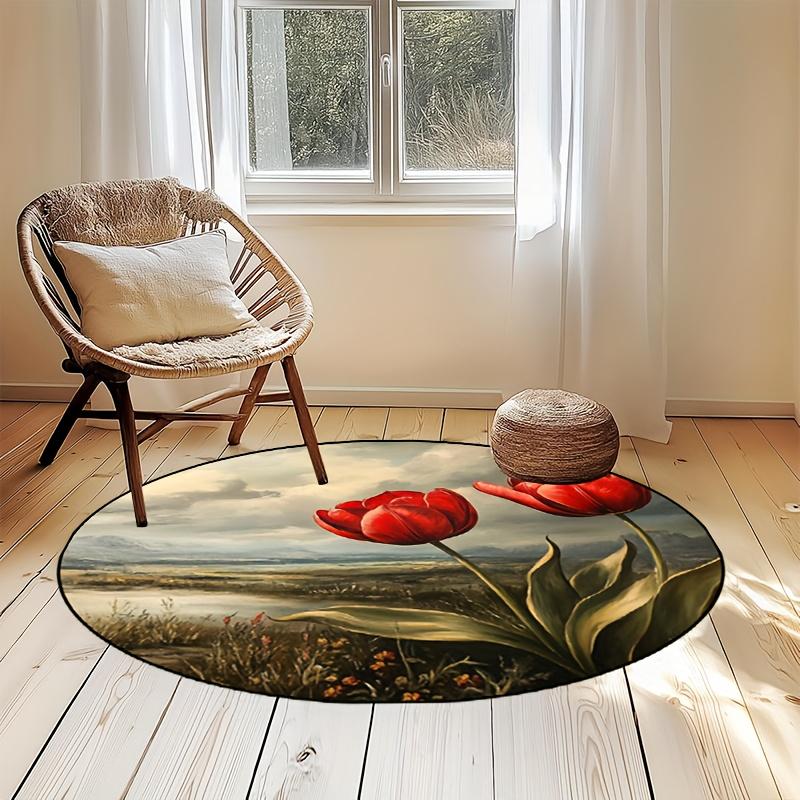 

Luxury Vibrant Red Tulip Pattern Round Shape Floor Mats Kitchen Hallway Runner Rug Bedroom Living Room Soft Carpet Non-slip Area Rug 60X60cm