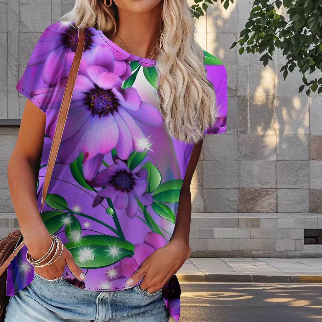 Women Summer T Shirt Flower Print Retro Fashion Short Sleeve Tees Casual Printed Tops