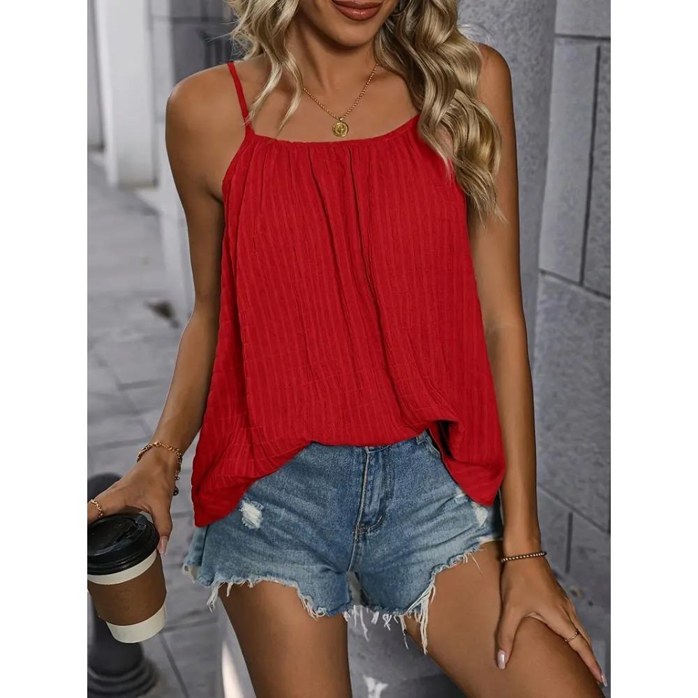 Plus Size Women Solid Color Loose Pleated Cami Tank Top