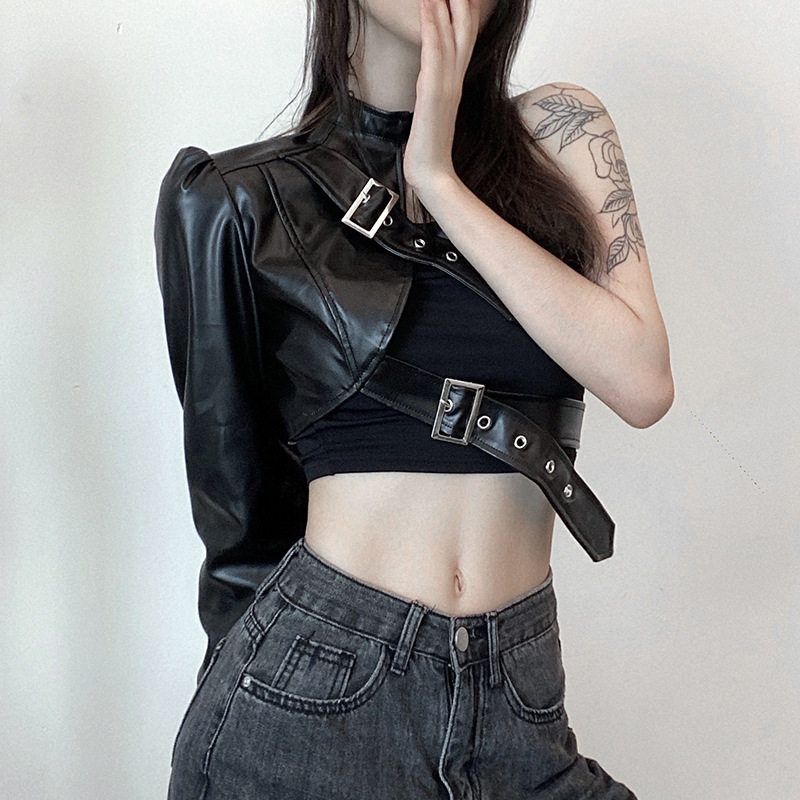 Stylish Asymmetrical Metal Buckle Halter-Neck Pu Leather One-Sleeve Jacket 2025 Spring and Autumn European and American Amazon New Model