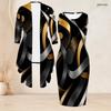 Women Plus Size Black Blue Printed Two Piece Set Long Sleeve Cardigan Sleeveless Bodycon Dress