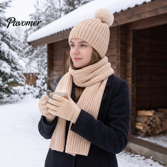 Fashionable Vertical Stripe Knitwear Winter Hat Scarf Gloves Set, Knitted with Pompom, Touch Screen Gloves, Cold Weather Essential Set Warm