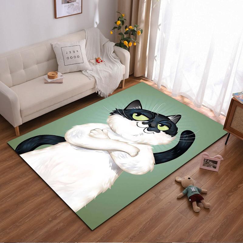 Cartoon Black and White Cat Rug with Green Background Design Suitable for use as an anti-slip for living room bedroom sofas 40x60cm( 15x23in )