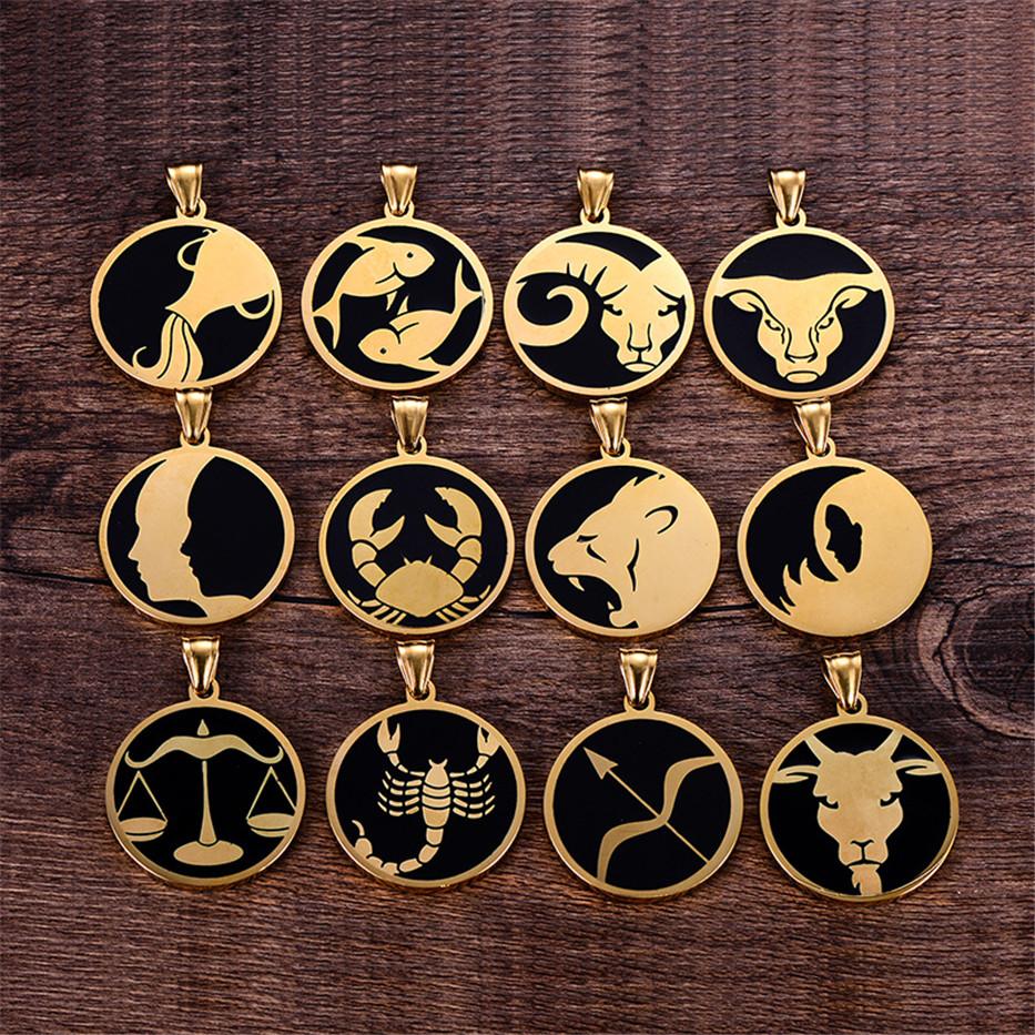 Punk Zodiac Constellation Pendant Gold Color Stainless Steel Round Necklaces for Men Women Fashion Party Jewelry Birthday Gift