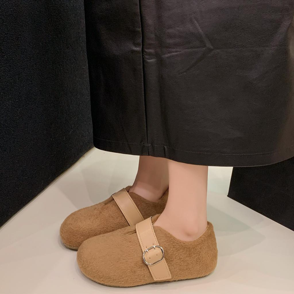 Retro fleece leather~ Soft leather flat-bottomed Mary Jane shoes women's 2025 autumn fleece round head belt buckle light mouth single shoes plush