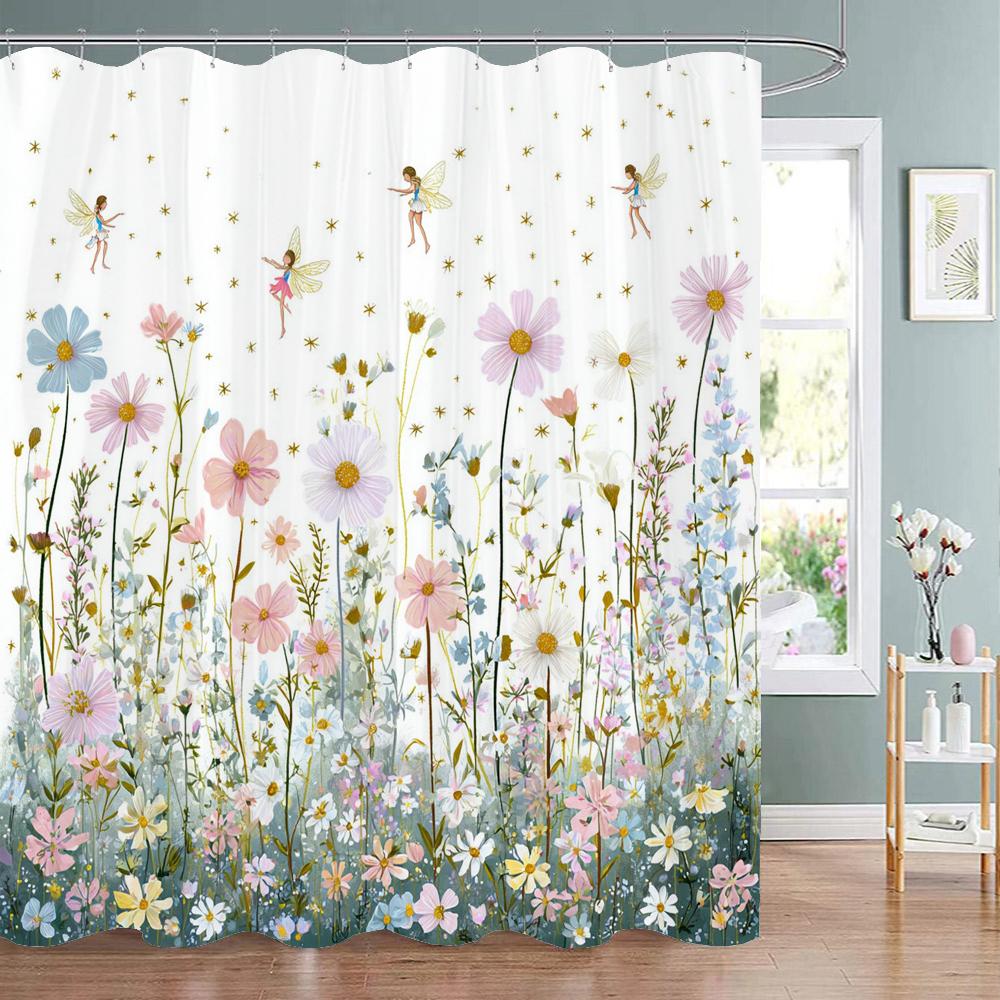 Watercolor Flowers And Plants Patterns Shower Curtain, Bathroom Decorative Shower Curtain, Waterproof Shower Curtain With Hooks