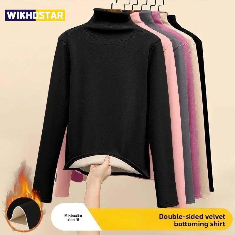 Women Thermal Underwear Winter Thickened and Flannel Bottom Shirt Solid Long Sleeve Basic T-Shirt Heating Fiber Pullovers