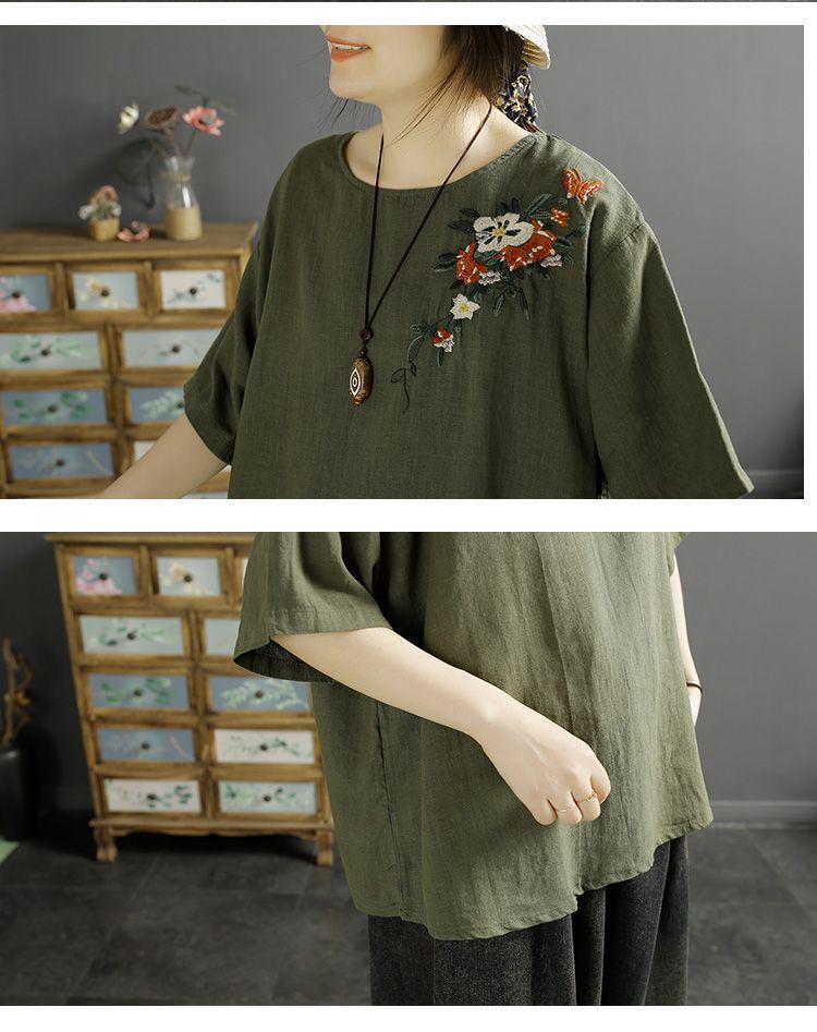 Women's Retro Embroidered Cotton-Linen Short Sleeve Top