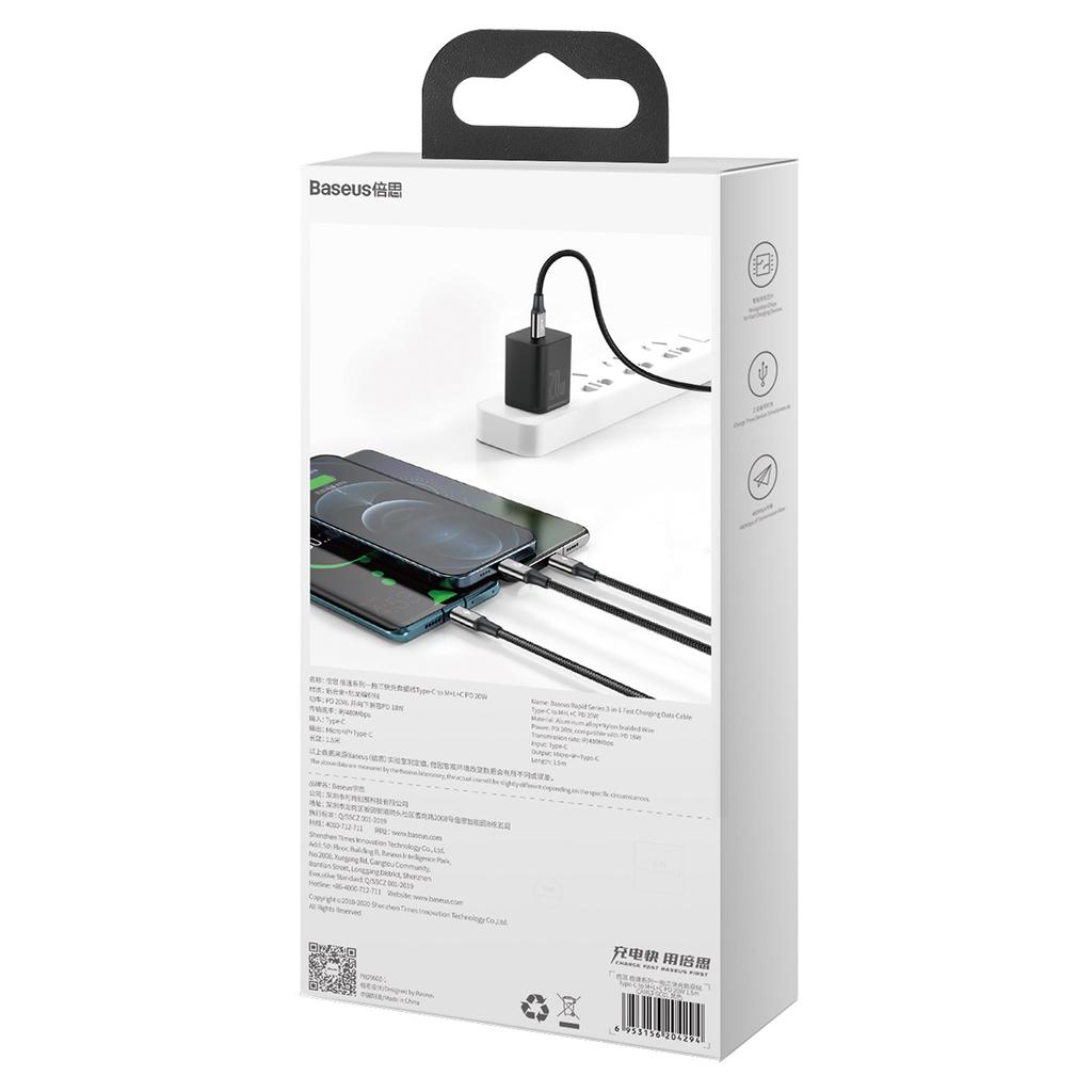 3in1 Cable USB-C - USB-C / iPhone Lightning / microUSB 20W PD 1.5m - black