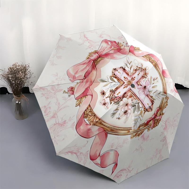 1pc Pink Floral Cross Frame Umbrella with Plastic Handle,Vibrant Cartoon Pattern,Multi-functional UmbrellaPT235