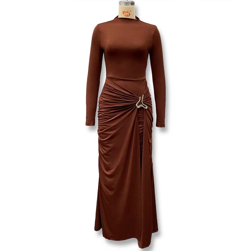 European Style Autumn Solid Color Long Sleeve Dress with Decorative Buckle