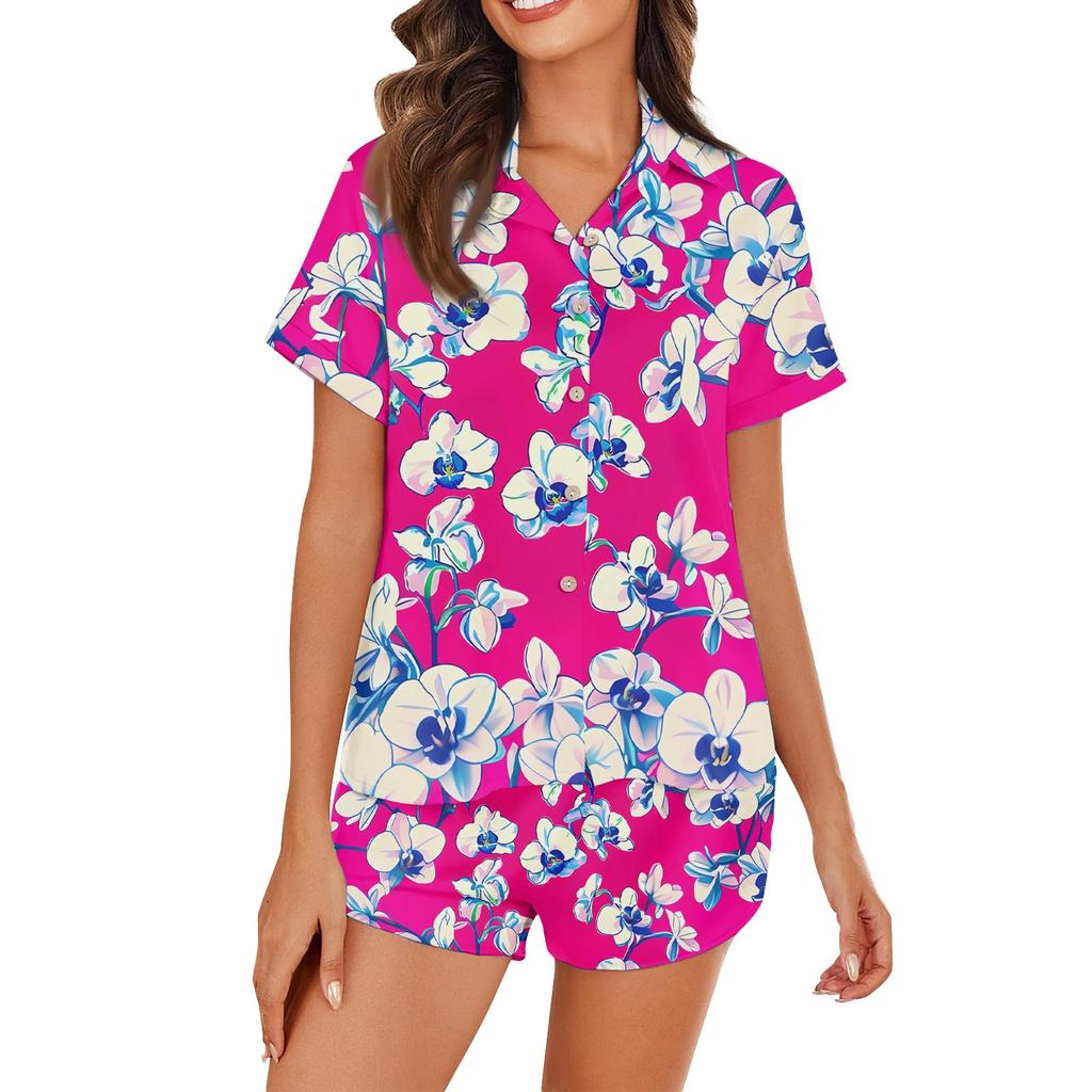 Women's Ice Silk Pajamas Button Homewear Hawaiian Print Short Sleeve Satin Pajama Set